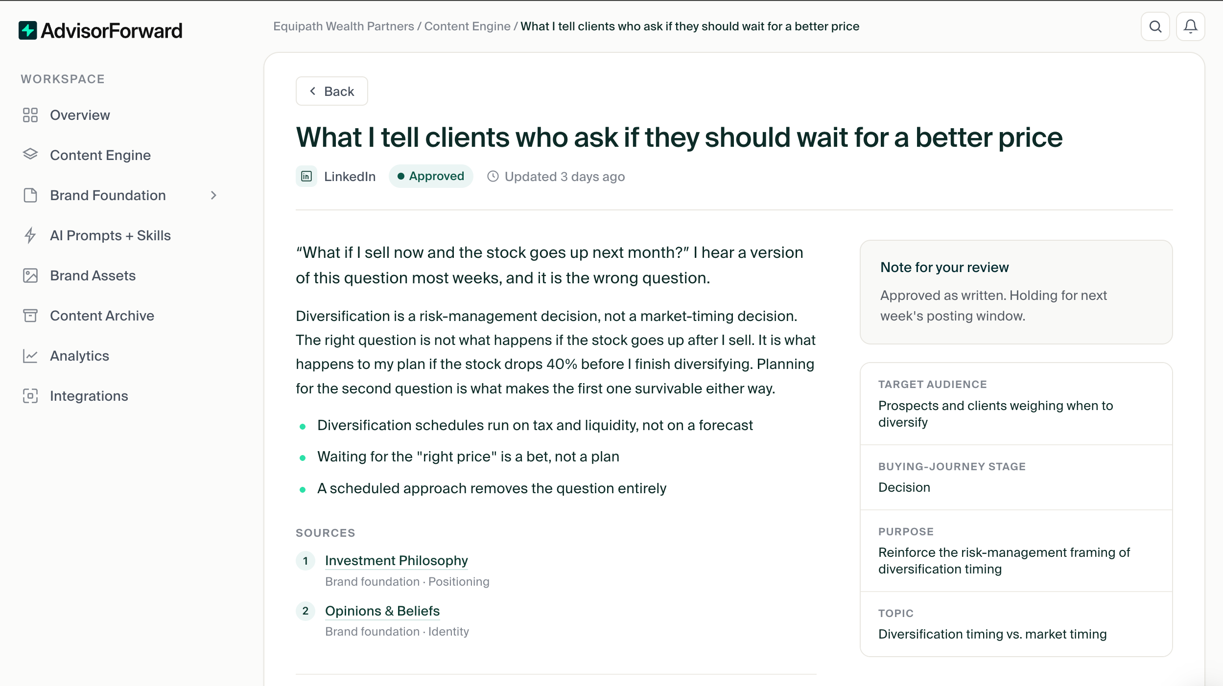 AdvisorVault content review with sources, audience, purpose, and approval state