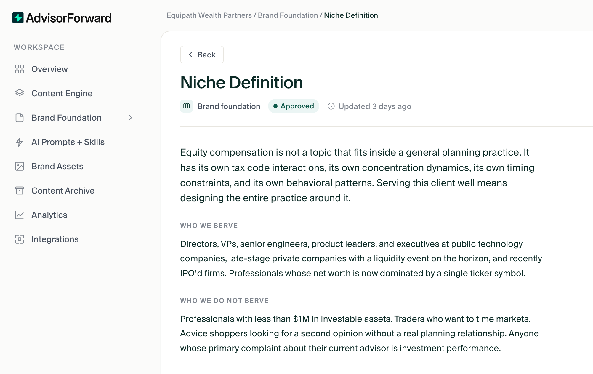 AdvisorVault niche definition interface